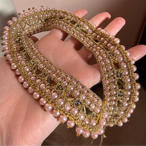 Vintage 1940’s Art deco Pink glass pearl Gold crochet Peter Pan collar with ties - Picture 12 of 17